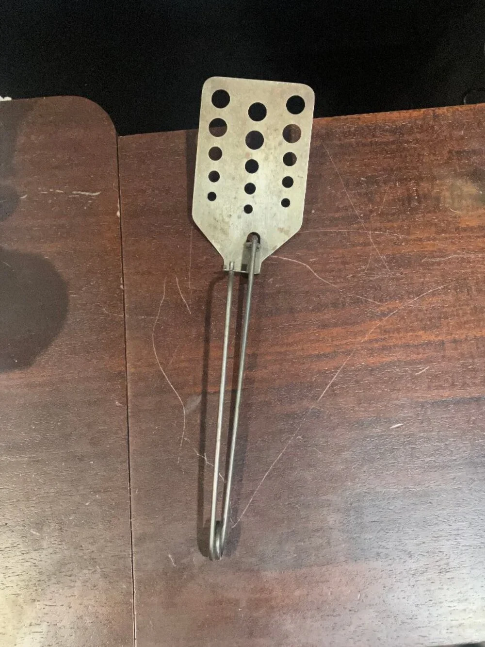 Vintage 1950s Auto Flip Metal Spatula with Slots, Squeeze Handle Ron Popeil